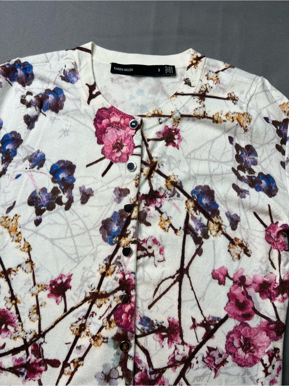 Karen Millen Floral Snap Front Cardigan UK Small Ivory Cherry Blossom Knit